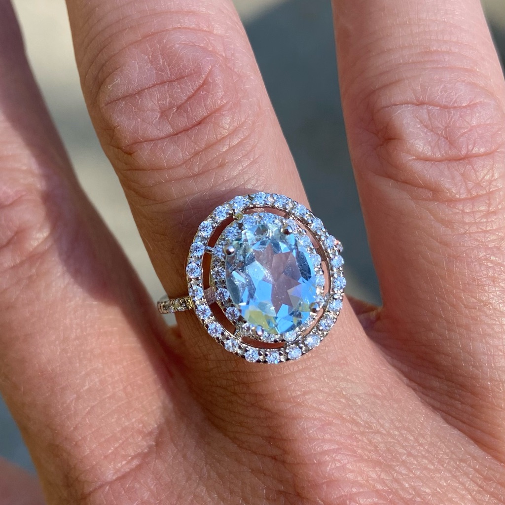 Sterling Silver Baby Blue Topaz And Sapphire Solitaire Engagement Ring